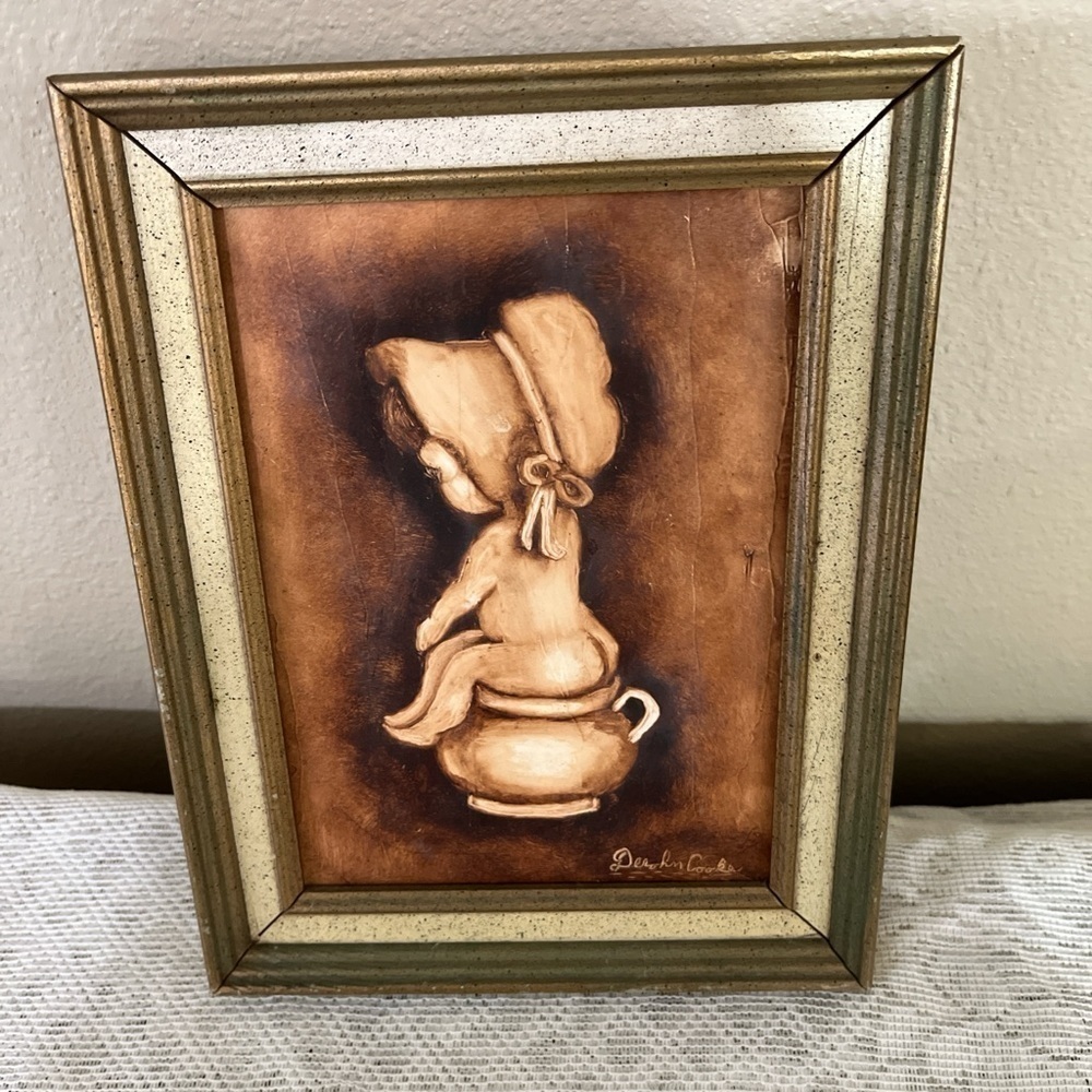 Vintage Art Print by D. Cooke Girl Wearing Bonnet Sitting on Old Fashioned Pot!